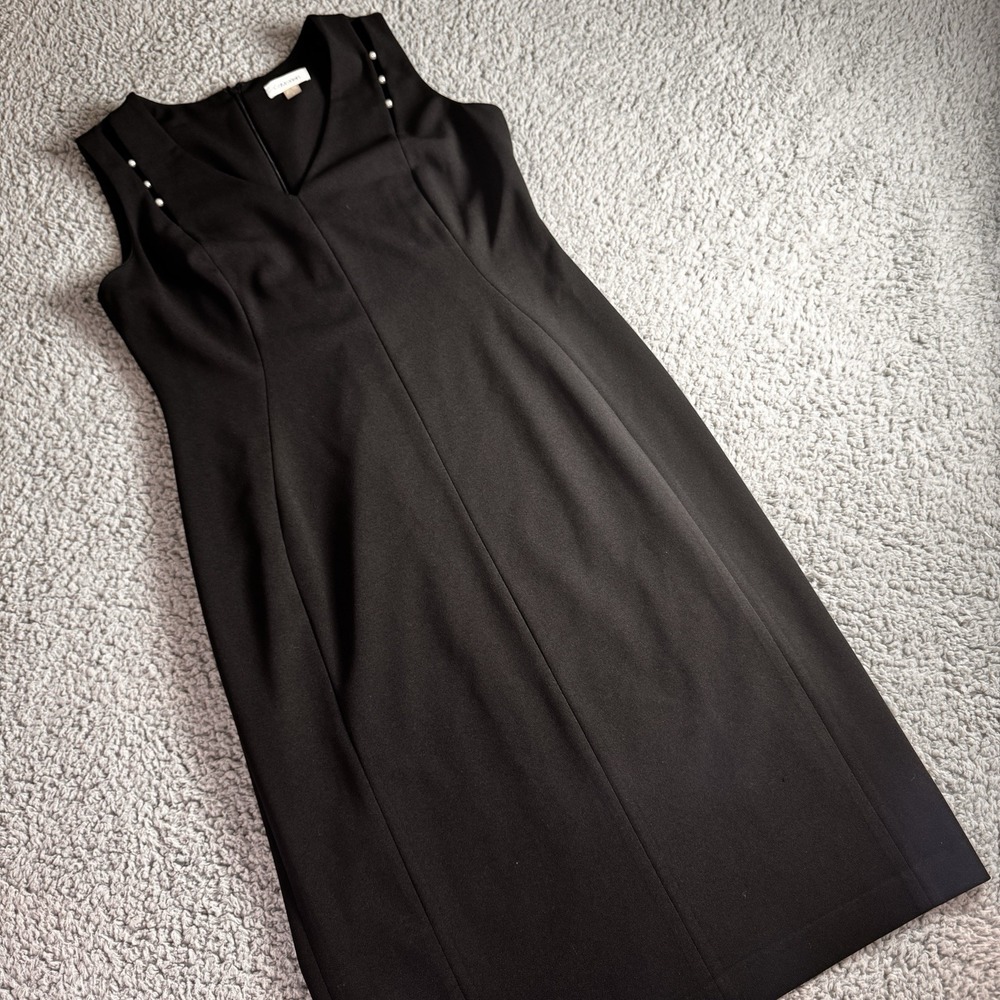 Calvin Klein Dress Black Sleeveless V‎ Neck Pearl Cutout Accents Career Size 12